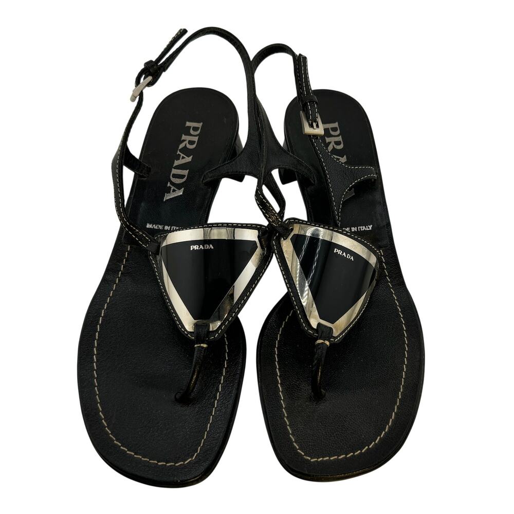 NWOT Looking VTG Prada Black Patent Triangle-Logo Thong Sandals with Silver Trim